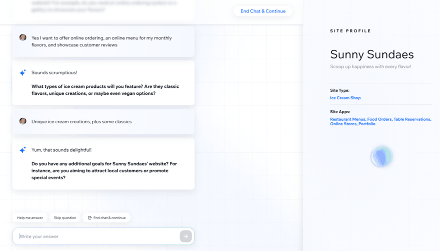 Wix's AI chatbot builder building a site profile