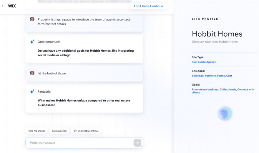 Wix's AI website builder building a site profile for a real estate website using the chatbot