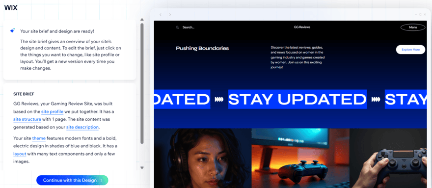 Wix's AI-generated theme and site profile