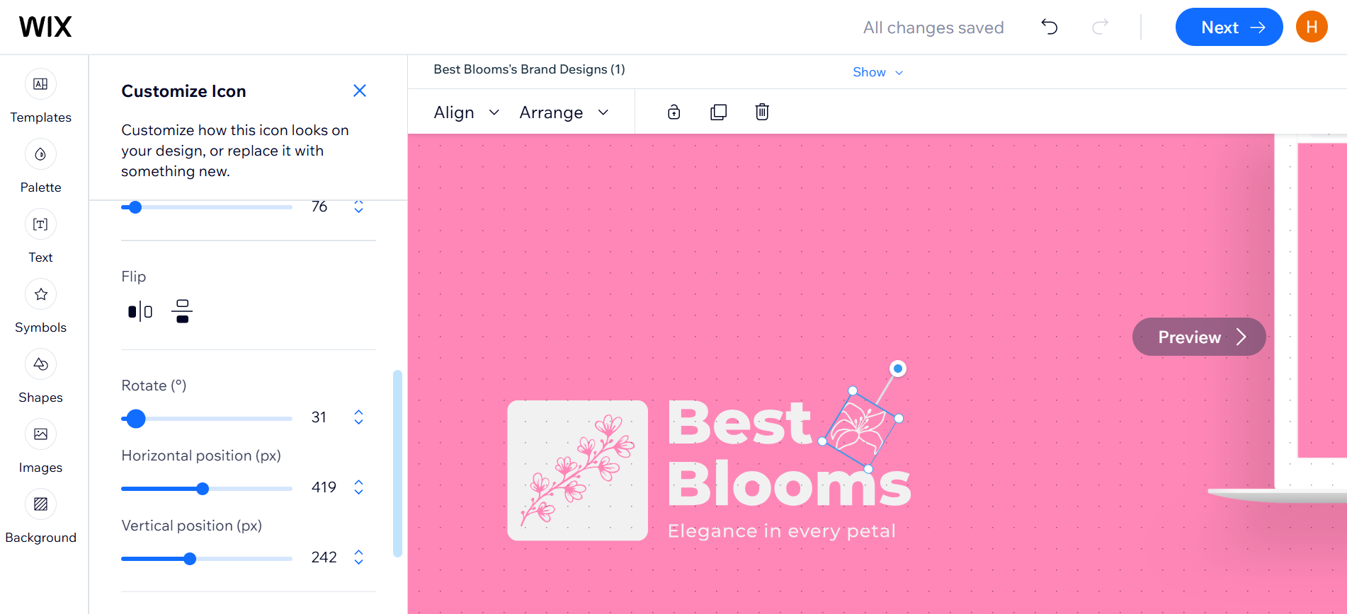 A Wix design interface showing customization options for a floral logo labeled "Best Blooms" on a pink background.