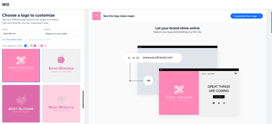 Logo customization interface on Wix, showcasing options for "Best Blooms" with a floral design and a website preview.