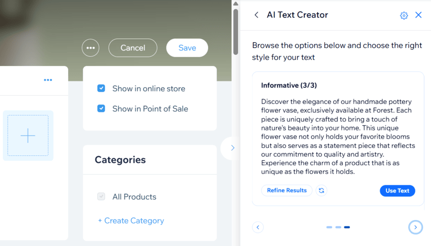 Wix AI product description tool showing a description in the style of "informative"