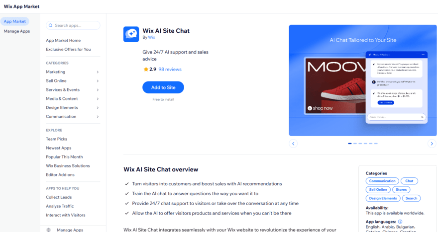 Wix AI site chat app in the app store