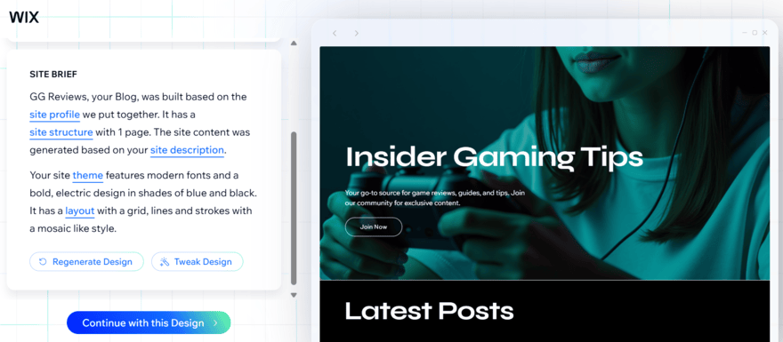 AI site brief on Wix for generating a personalized template with a preview to the right showing a gaming review site template
