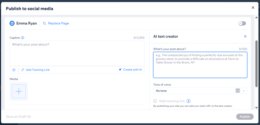 Wix AI social post creator for a LinkedIn post