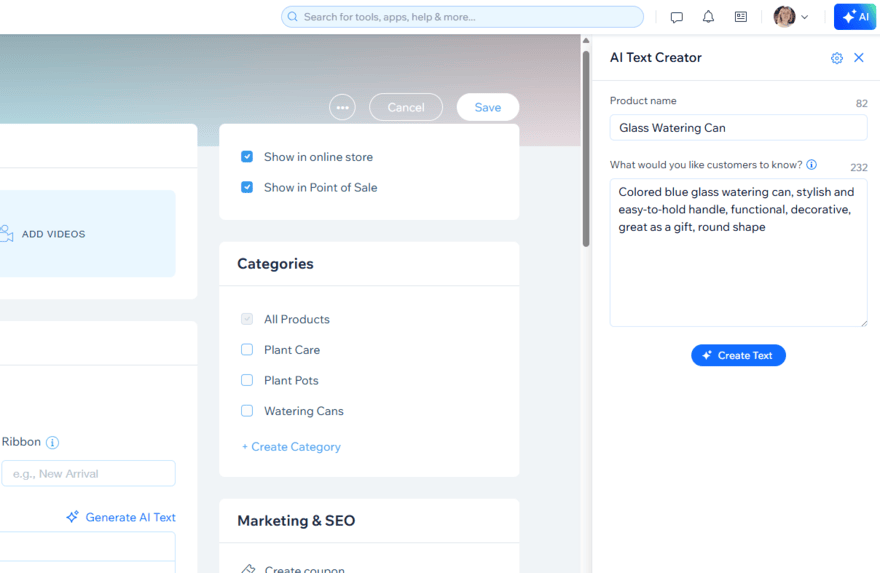 Wix's AI text creator being used to generate a product description