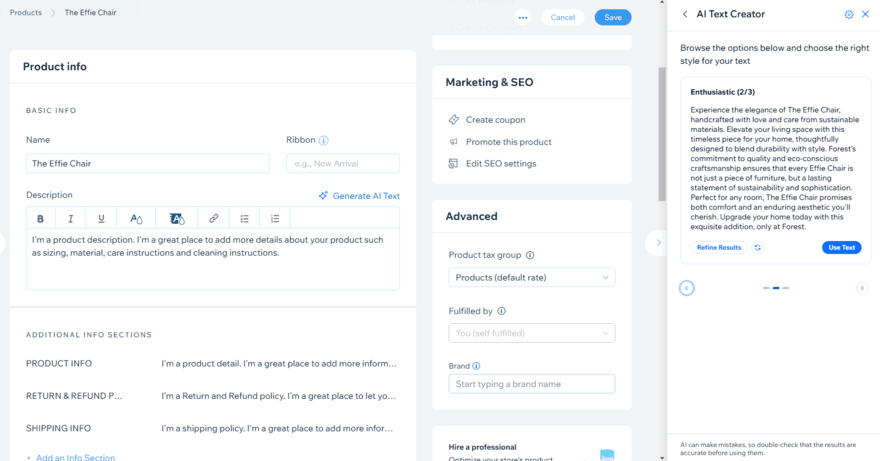 Wix AI text creator generating product descriptions for a wooden chair