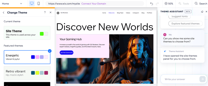 Wix's AI theme assistant offering advice on changing the site theme