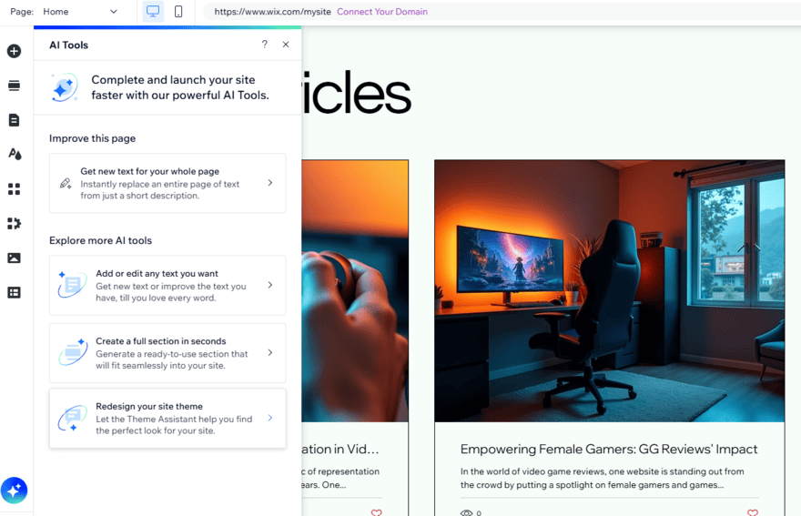 Wix's AI tools in the sidebar of the editor
