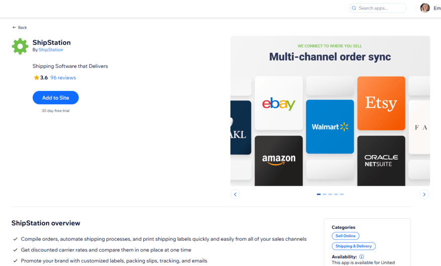 ShipStation app page in Wix's app market, showing a button to add to site