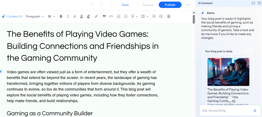 Blog post about benefits of video games generated by Wix Astro