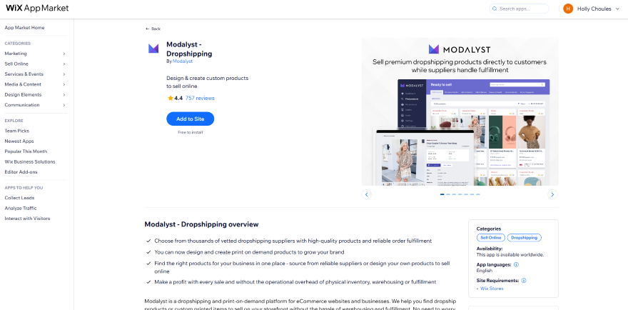 Screenshot of Wix's App Market for the Modalyst dropshipping app.