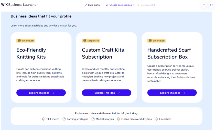 3 business ideas for a craft business generated by Wix Business Launcher