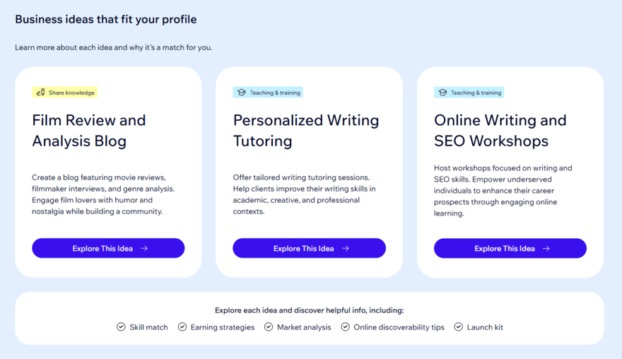 Wix Business Launcher presenting 3 ideas