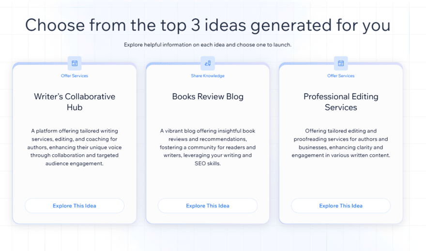 AI-generated business ideas based on my profile by Wix's Business Launcher