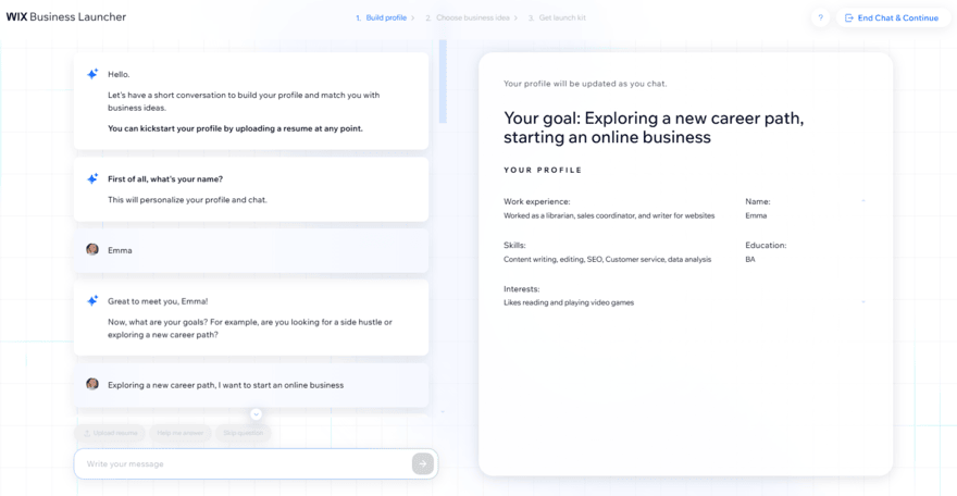 Building a profile with Wix's Business Launcher tool