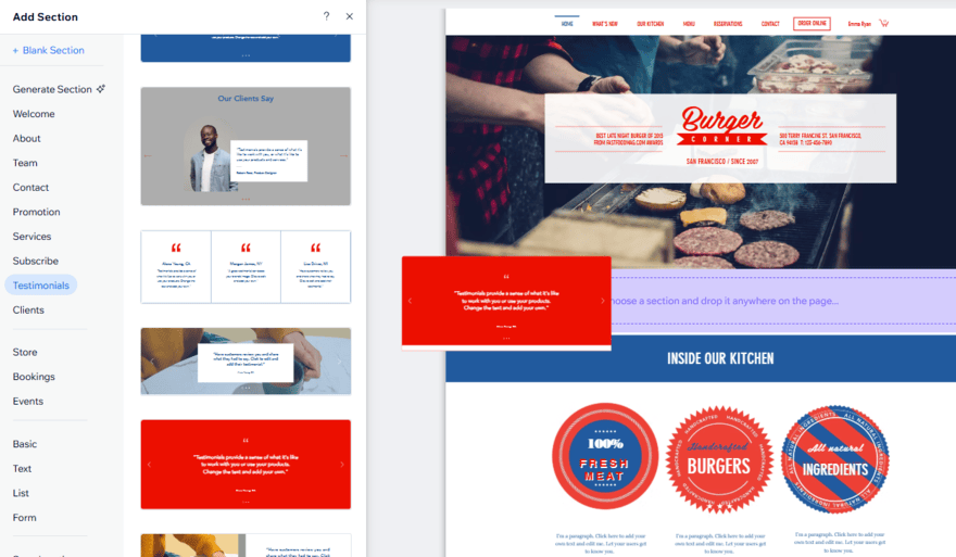 Wix's drag and drop website editor showing the dragging of an element on to a page