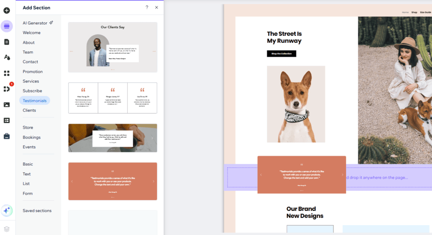 Dragging a new section with Wix's editor on to a homepage for a pet business