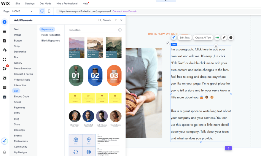Wix website editor showing a sidebar with list-style elements to add to the page
