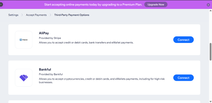 Payment options screen displaying AliPay and Bankful, with descriptions and "Connect" buttons for each service.