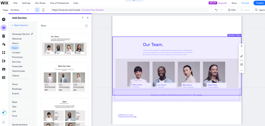 A webpage section titled "Our Team" with three team member profiles displayed and options to edit, featuring names and roles.