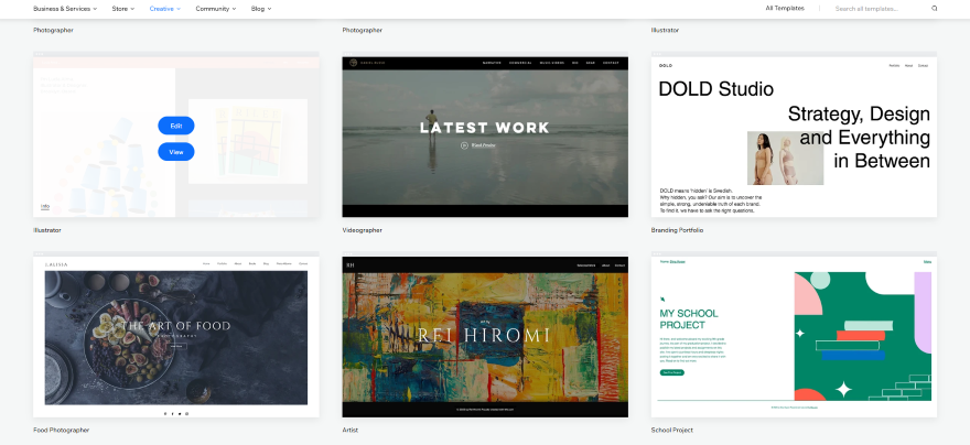 A grid layout showcasing various creative portfolio templates for photographers, illustrators, videographers, and artists.