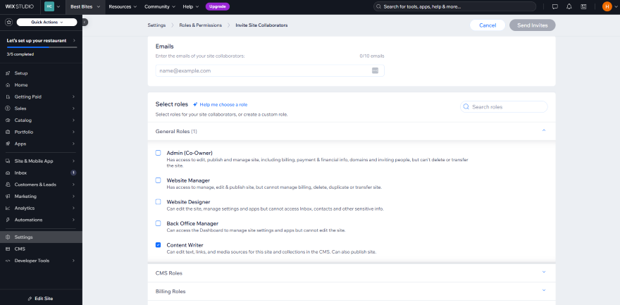 Screenshot of a Wix dashboard roles & permissions page where you can add a collaborator via email