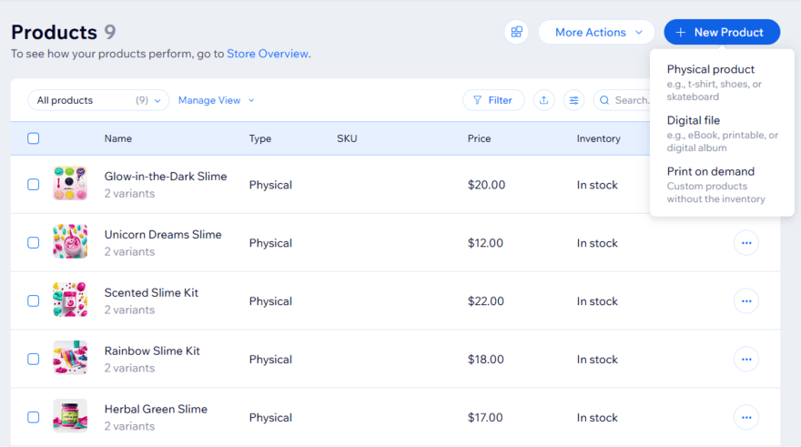 Product catalog in the Wix backend with a button to add a "new product" showing different product types available