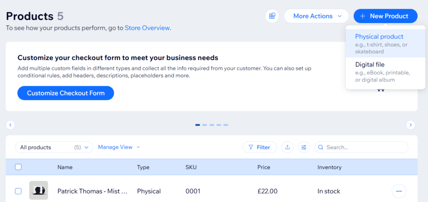 Wix's product catalog showing the options to add new physical or digital products