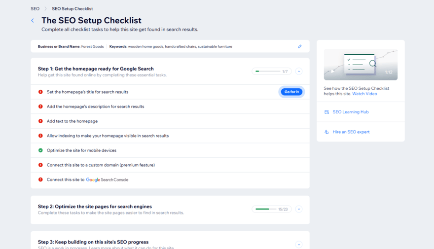 Wix's SEO setup checklist