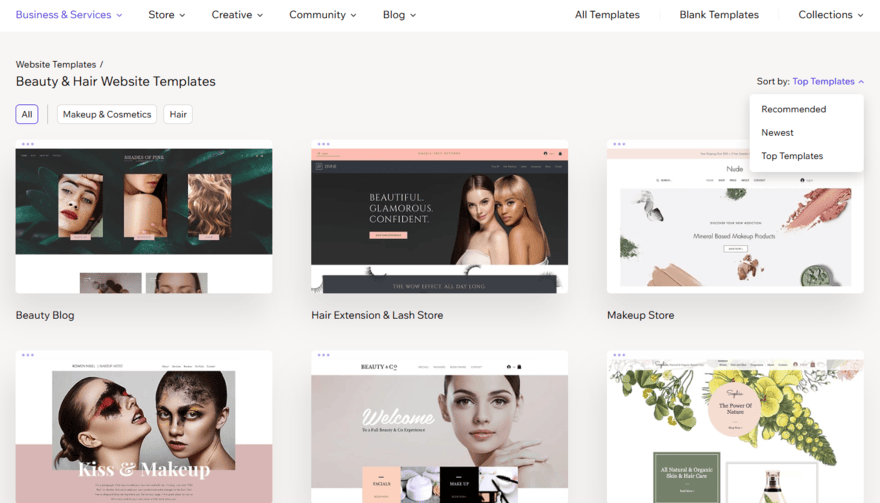 Top templates in Wix's template library under the beauty and hair filter