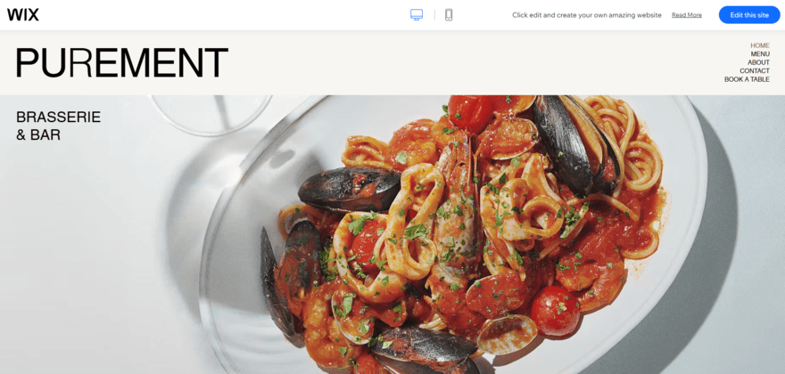Wix template preview for a restaurant website