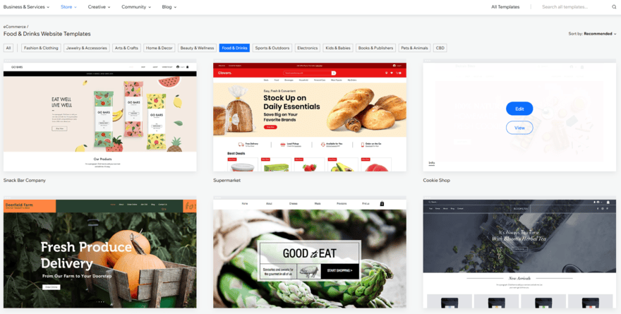 Selection of Wix templates for food and drink businesses