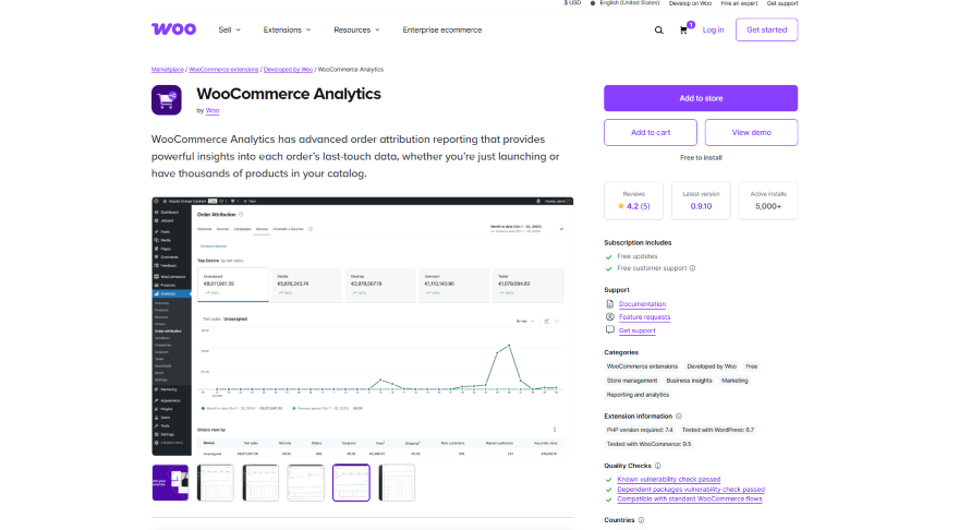 Page to download the WooCommerce Analytics extension with product photos and listed features