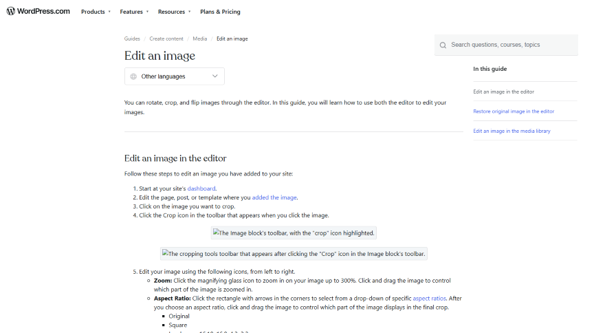 Text on a WordPress page explaining how to edit images