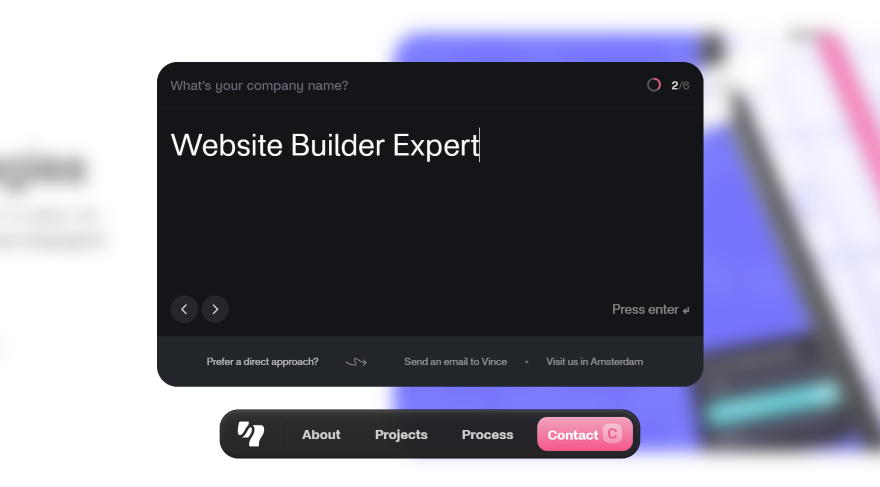 Screenshot of a website with a pop-up contact form asking for a brand name